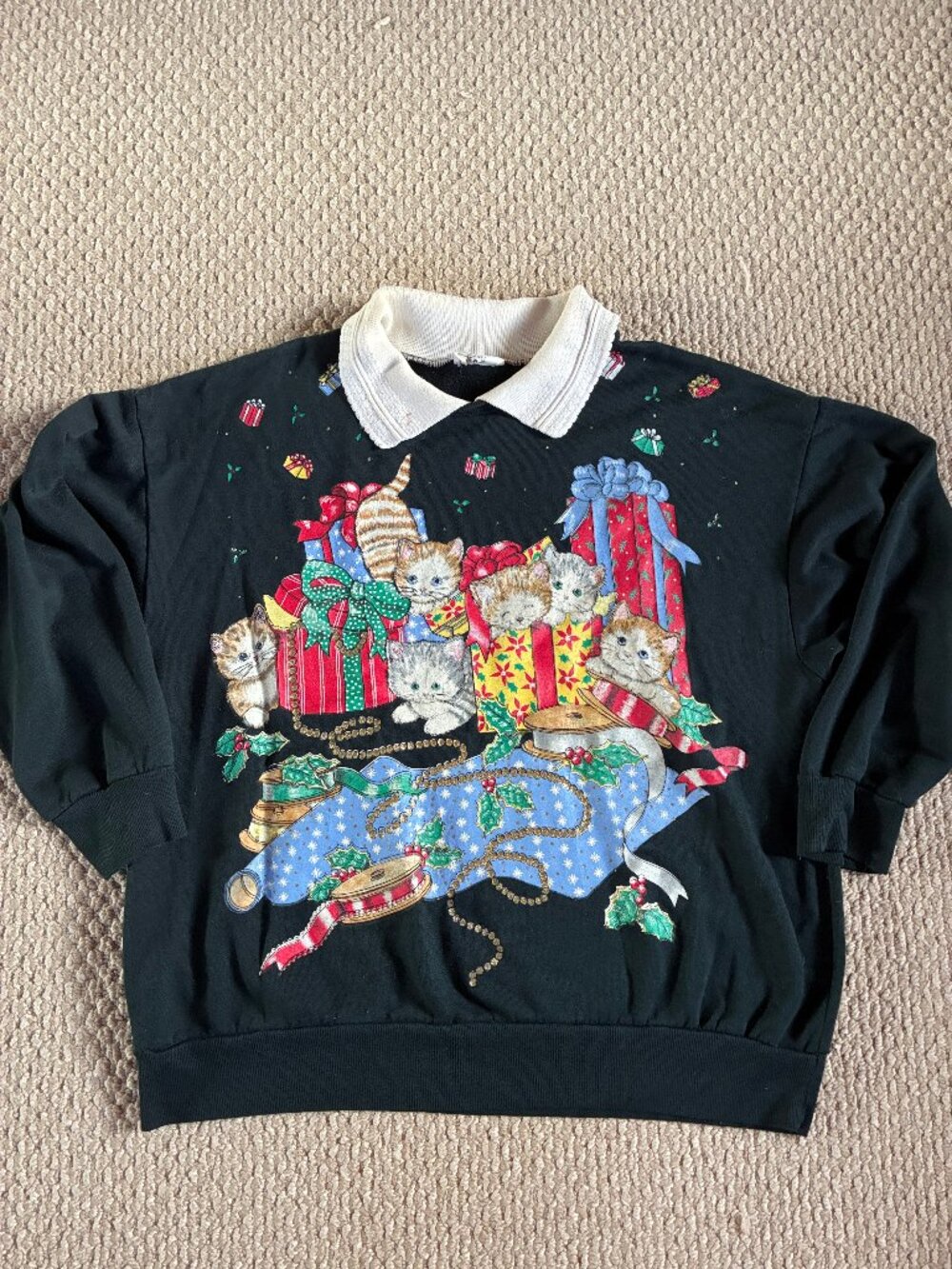 Vintage Women’s Cat Collar Black Christmas Sweater Ugly Sweater Size L